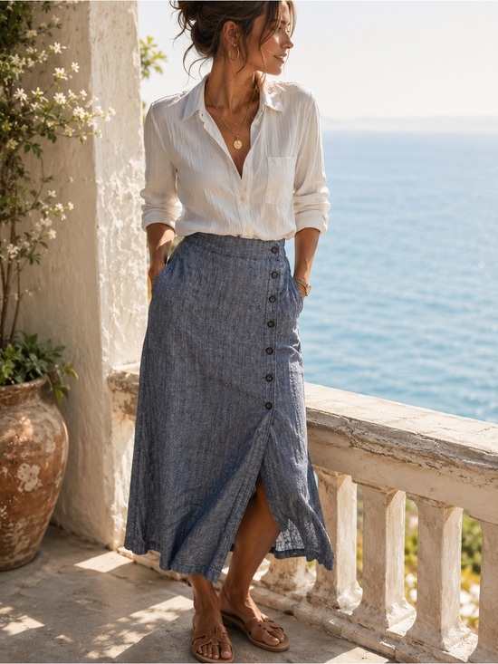 Rachel Zoe Dresses & Skirts - Rachel Zoe 100% Linen Chambray Wrap Midi Skirt Blue Button Front S